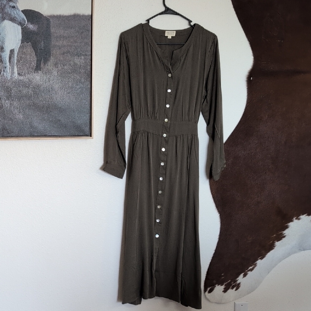 Long Sleeve Button-Up Dress - Olive